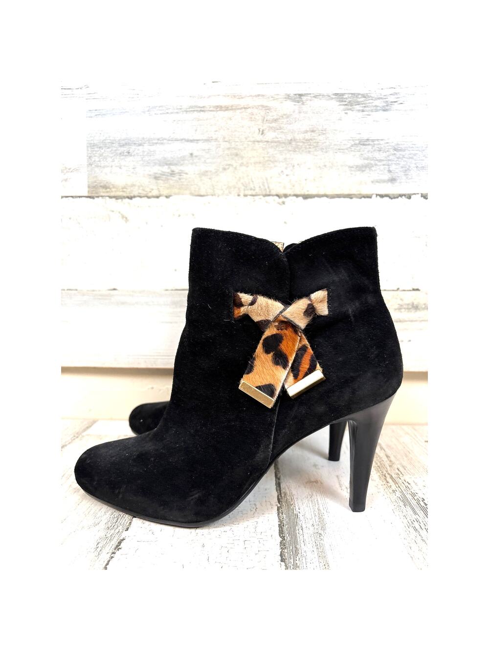 Talbots Meegan 9.5 Black Suede Ankle Boots Leopard Bow Stiletto Chic